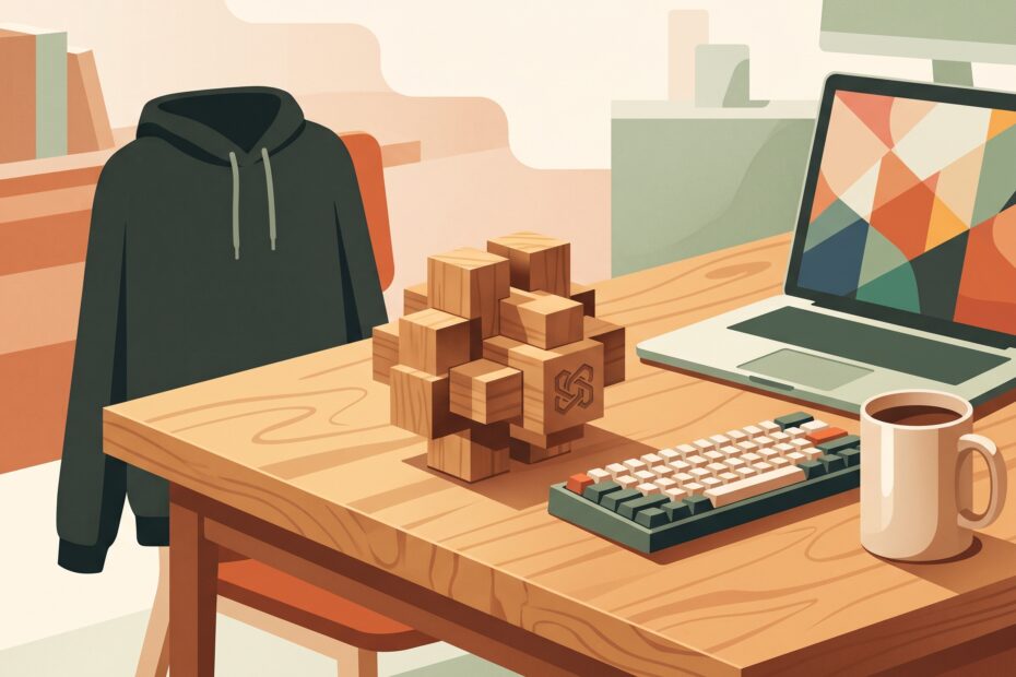 «Мерч для IT-компании: стол разработчика с механической клавиатурой и деревянной головоломкой с лазерной гравировкой — небанальный корпоративный мерч вместо худи и кружек»